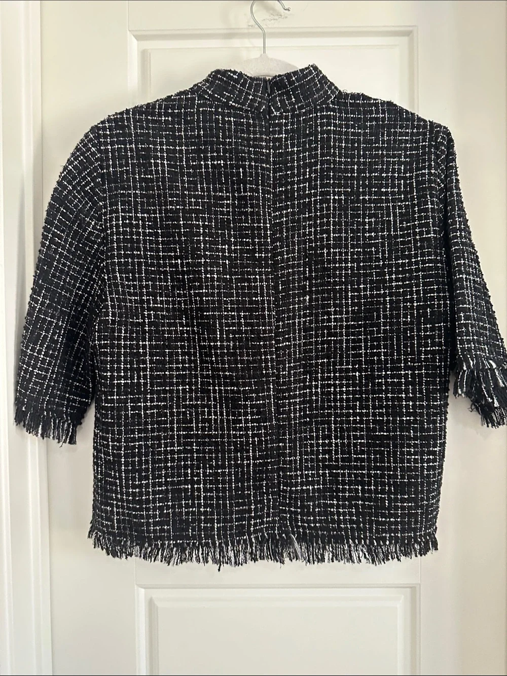 ZARA Black White Frayed Textured Tweed Plaid Short Sleeve Blouse Top L